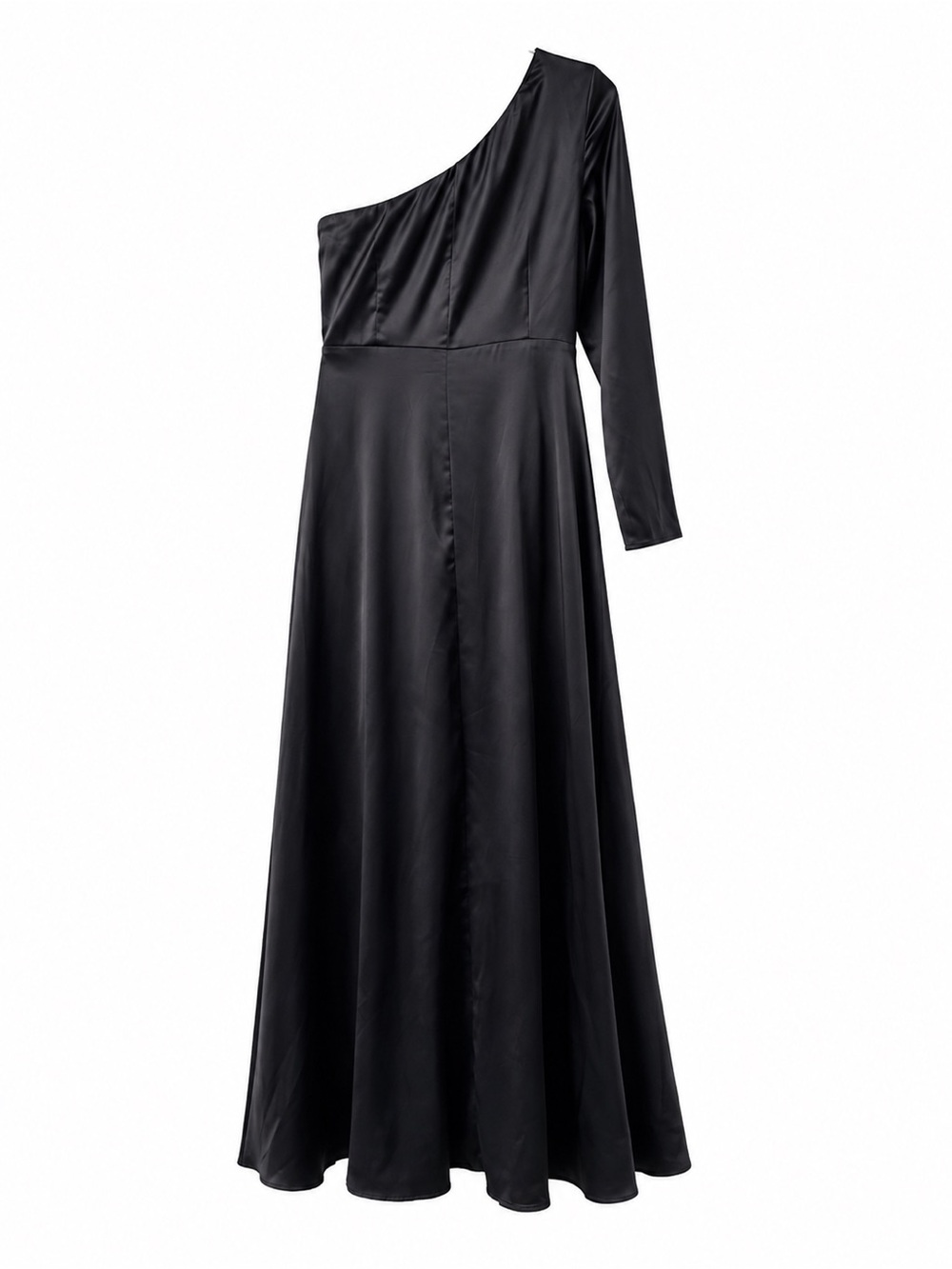 Lulus One-Shoulder Black Satin Formal Evening Gown Gothic Glam - Picture 7 of 16